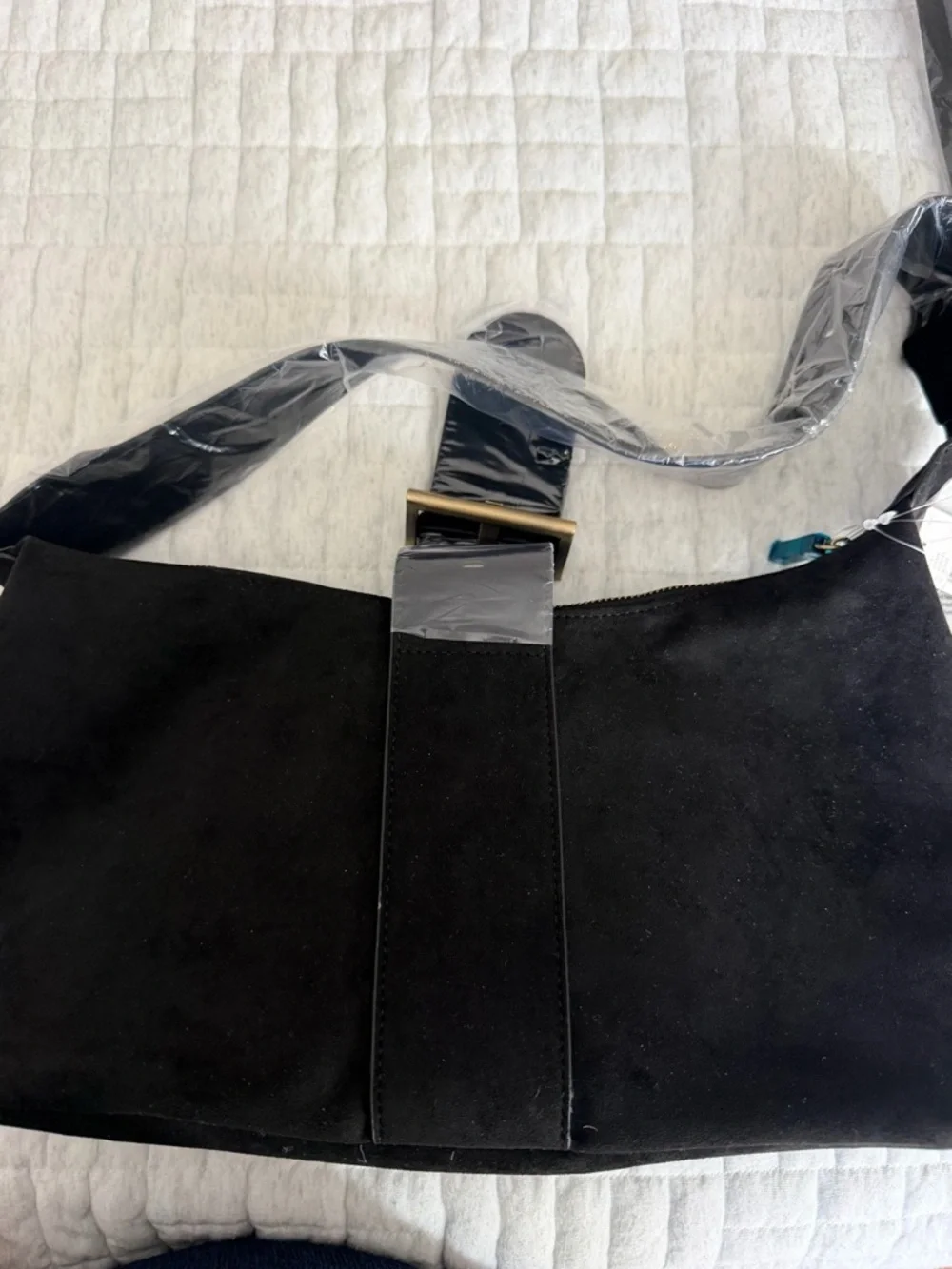 NWT Anthropologie Remi & Reid Black Faux Suede Shoulder Bag with Buckle Strap